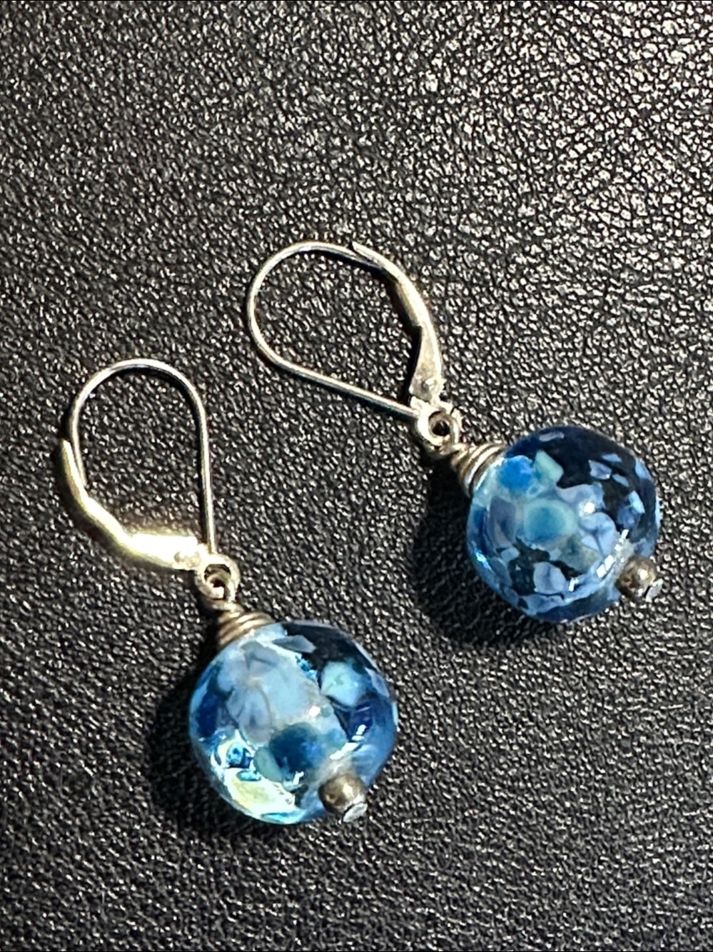Art Glass Blue Dangling Silver Tone Earrings